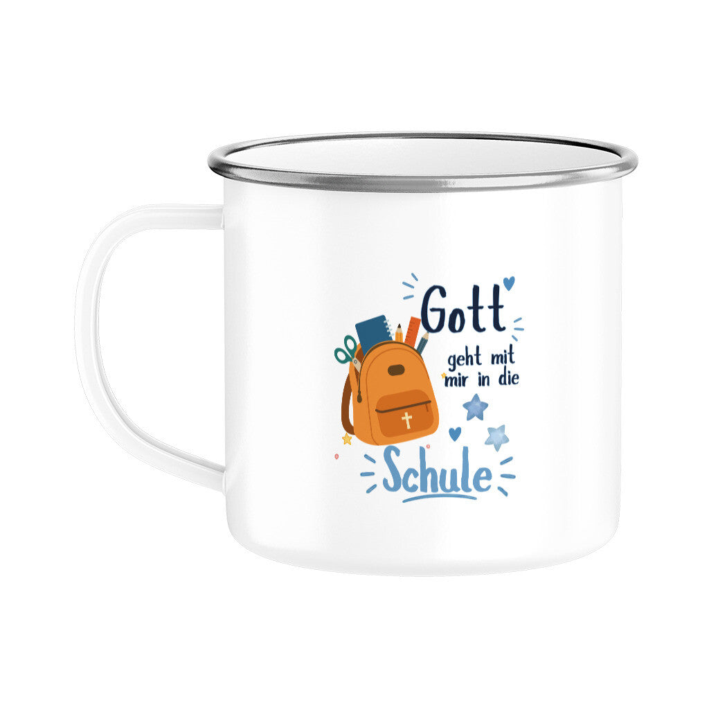 Gott geht mit mir in die Schule:
Weiße Kindertasse mit christlichem Schulstart-Design „Gott geht mit mir in die Schule“, orangefarbenem Schulranzen, Kreuz, Herzen und Sternen.