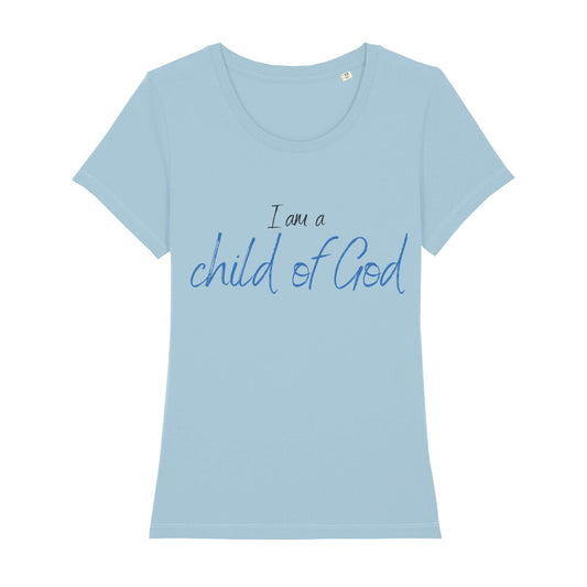 christliches T-Shirt für Frauen in hellblau aus 100 % Bio-Baumwolle "I am a child of God" aus unserer I am... Kollektion