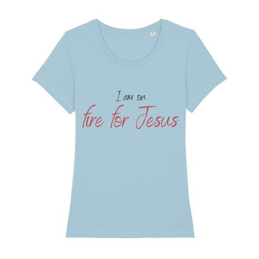 christliches T-Shirt für Frauen in hellblau aus 100 % Bio-Baumwolle "I am on fire for Jesus" aus unserer I am... Kollektion