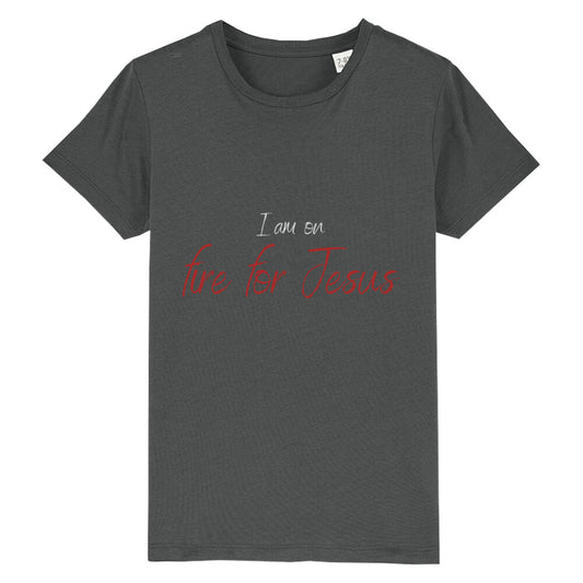 christliches T-Shirt für Kids in anthrazit aus 100 % Bio-Baumwolle " I am on fire for Jesus " aus unserer I am... Kollektion