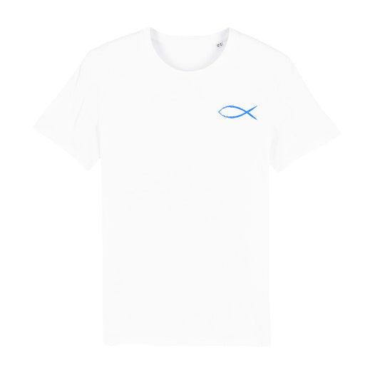 christliches T-Shirt mit einem Unisex-Schnitt in weiß aus 100 % Bio-Baumwolle mit einem blauen Fisch rechts auf der Brust. Erhältlich in den Größen S bis XXL