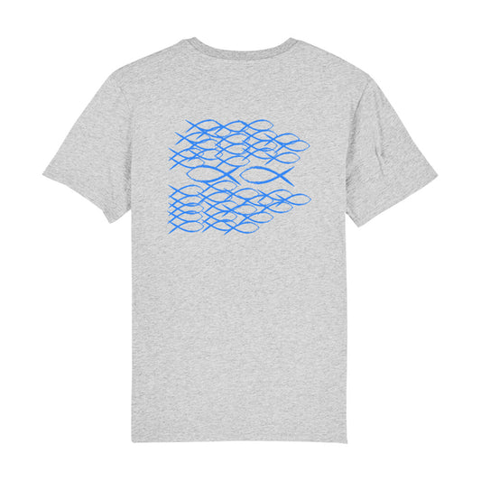 christliches T-Shirt mit einem Unisex-Schnitt in grau aus 100 % Bio-Baumwolle Rückseite blaue Fische die gegen den Strom schwimmen. Erhältlich in den Größen S bis XXL