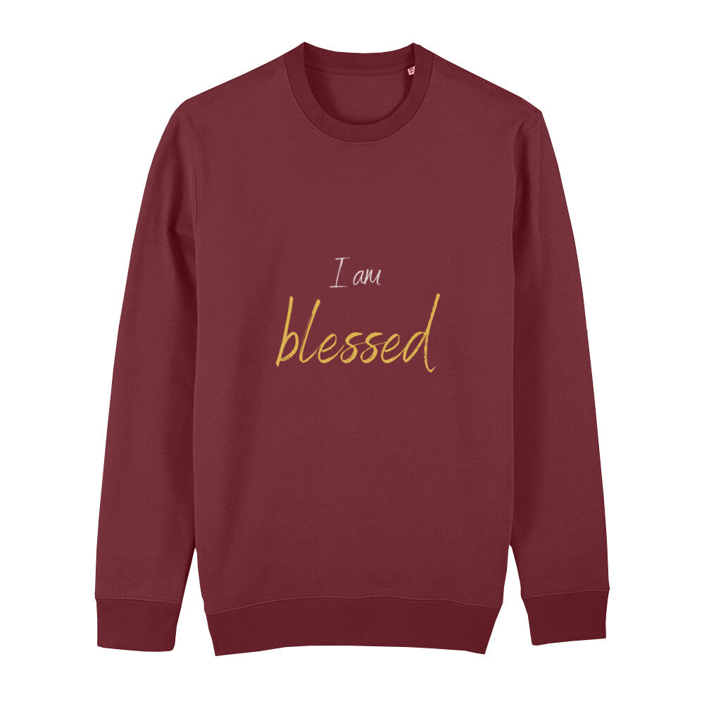 christliches Sweatshirt mit einem Unisex-Schnitt in dunkelrot aus Bio-Baumwolle mitten auf der Brust "I am blessed" aus unserer I am... Kollektion. Erhältlich in den Größen XS bis XXL