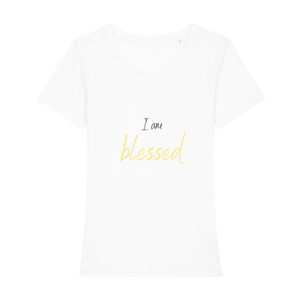 christliches T-Shirt mit einem Frauen-Schnitt in weiß aus 100 % Bio-Baumwolle "I am a blessed" aus unserer I am... Kollektion. Erhältlich in den Größen XS bis XXL