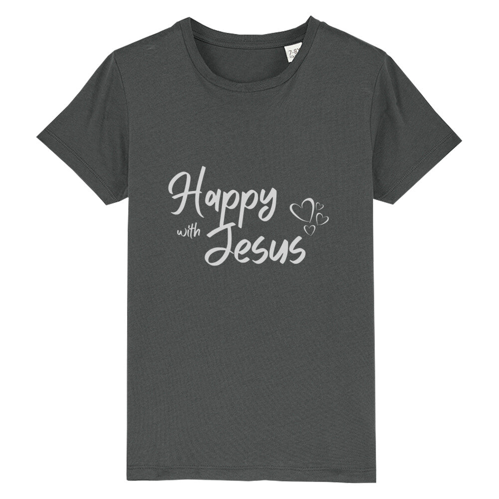 christliches T-Shirt für Kinder mit einem Unisex-Schnitt in anthrazit aus 100 % Bio-Baumwolle mittig auf der Brust "happy with Jesus". Erhältlich in den Größen 98/104 bis 152/164
