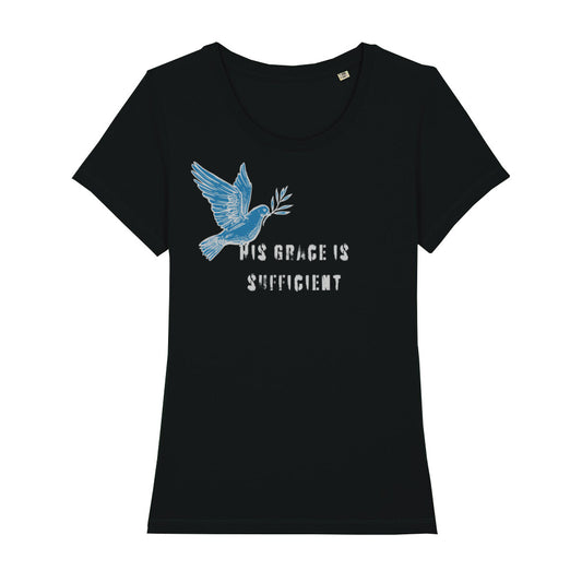 christliches T-Shirt mit einem Frauen-Schnitt in schwarz aus 100 % Bio-Baumwolle mit dem Schriftzug " His grace is sufficient " und einer Taube mittig auf der Brust. Erhältlich in den Größen XS bis XXL
