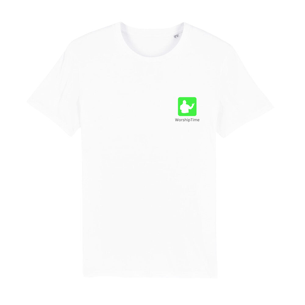 christliches T-Shirt mit einem Unisex-Schnitt in weiß aus 100 % Bio-Baumwolle " WorshipTime " mit dem Schriftzug " WorshipTime " und einen Button angelehnt an den FaceTime Button rechts auf der Brust. Erhältlich in den Größen S bis XXL und in weiteren Farben