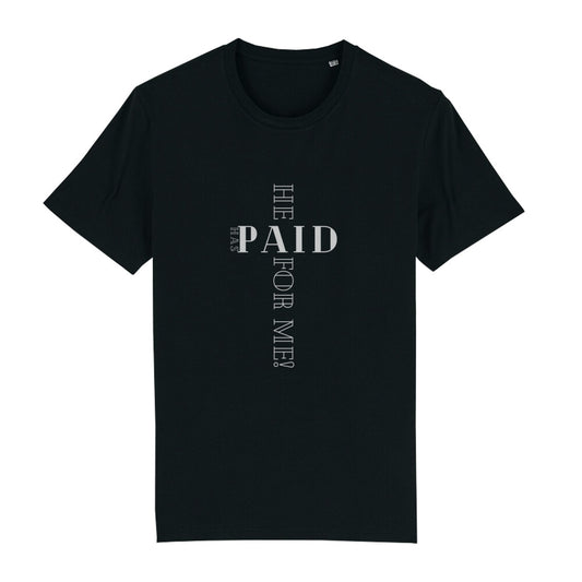 christliches T-Shirt mit einem Unisex-Schnitt in schwarz aus 100 % Bio-Baumwolle  "he has paid for me" aus unserer he... Kollektion Erhältlich in den Größen S bis XXL