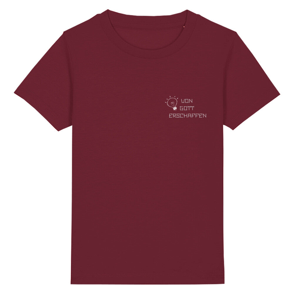 christliches T-Shirt für Kinder mit einem Unisex-Schnitt in dunkelrot aus 100 % Bio-Baumwolle rechts auf der Brust "von Gott erschaffen" mit einer Glühlampe. Erhältlich in den Größen 98/104 bis 152/164
