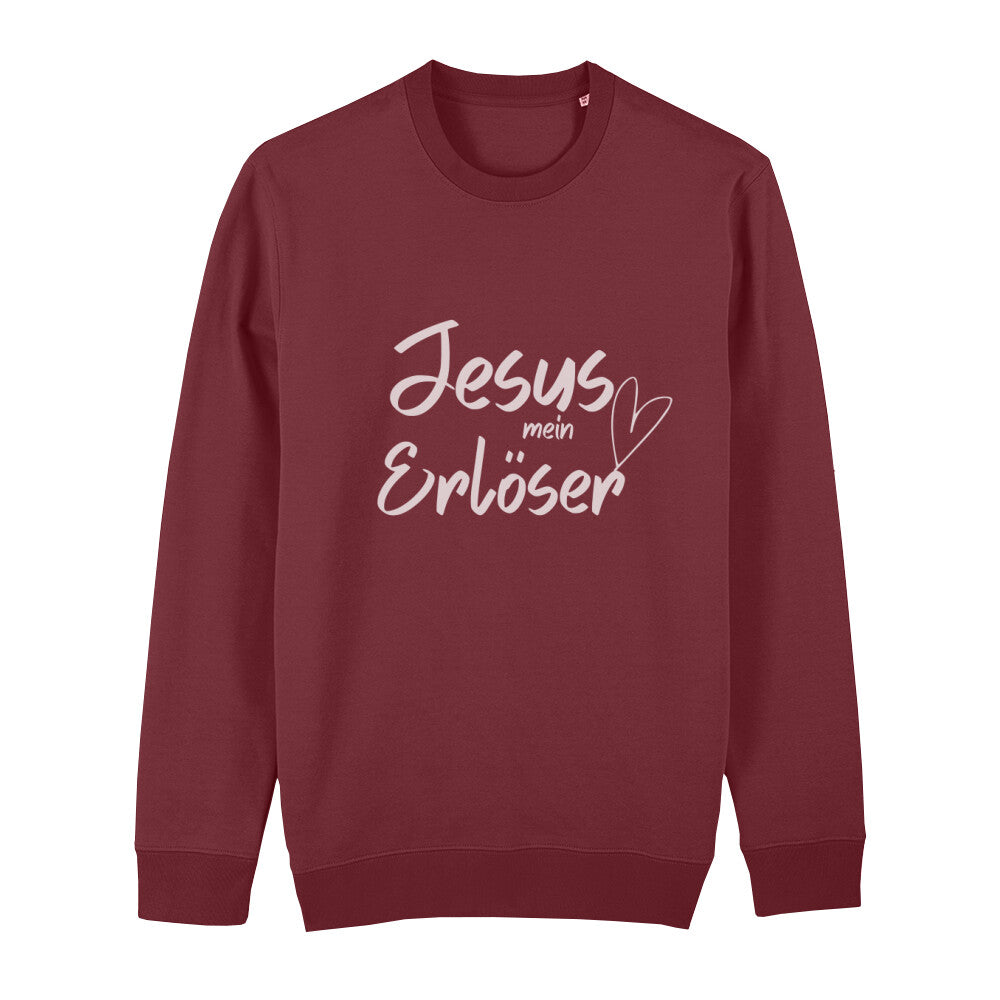 christliches Sweatshirt mit einem Unisex-Schnitt in dunkelrot aus Bio-Baumwolle auf der Vorderseite "Jesus mein Erlöser" mittig auf der Brust. Erhältlich in den Größen XS bis XXL