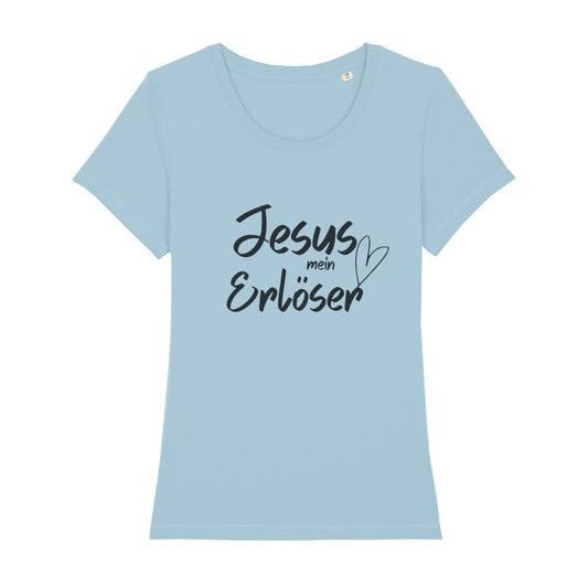 christliches T-Shirt mit einem Frauen-Schnitt in hellblau aus 100 % Bio-Baumwolle mittig auf der Brust "Jesus mein Erlöser". Erhältlich in den Größen XS bis XXL