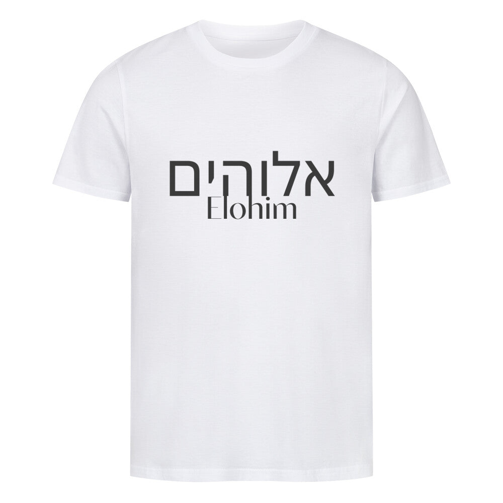 christliches T-Shirt mit einem Unisex-Schnitt in weiß aus 100 % Bio-Baumwolle auf der Vorderseite mittig auf der Brust "Elohim" und darüber Elohim in hebräisch. Erhältlich in den Größen S bis 4XL
