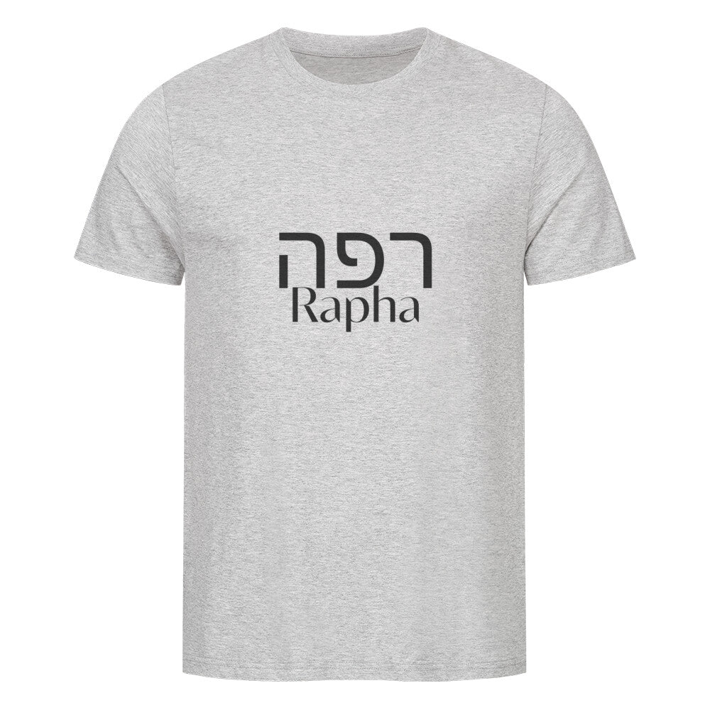 christliches T-Shirt mit einem Unisex-Schnitt in grau aus 100 % Bio-Baumwolle auf der Vorderseite mittig auf der Brust "Rapha" und darüber Rapha in hebräisch. Erhältlich in den Größen S bis XXL