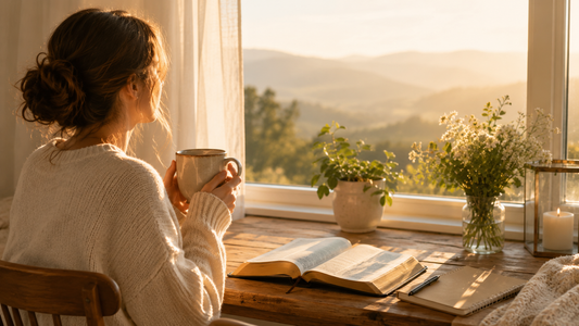 Ruhige Morgenszene mit Frau, offener Bibel und Tasse am Fenster als Symbol für zur Ruhe kommen, stille Zeit mit Gott und Psalm 46,11.