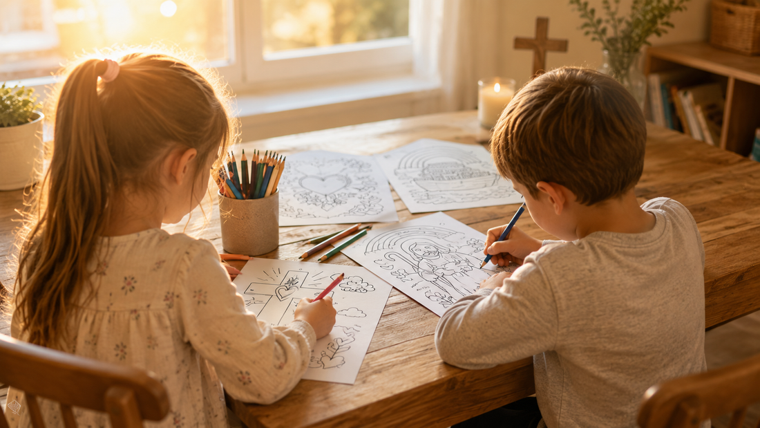 Zwei Kinder sitzen von hinten an einem Holztisch im warmen Sonnenlicht und malen christliche Ausmalbilder mit Bibelversen aus. Auf dem Tisch liegen Buntstifte und mehrere Malvorlagen, im Hintergrund sieht man eine gemütliche, helle Wohnatmosphäre.