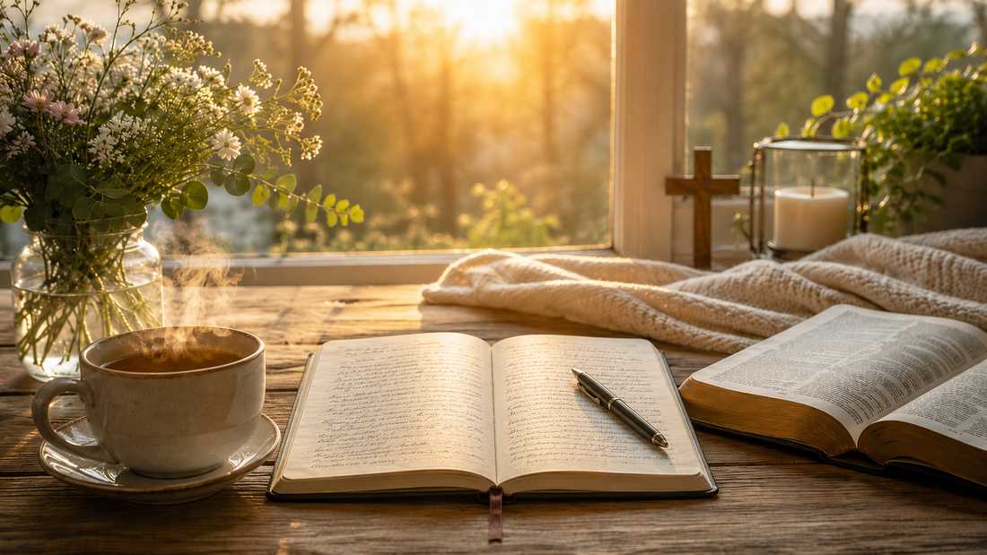 Gemütliche Morgenszene mit Tee, offenem Notizbuch, Bibel, Blumen und warmem Sonnenlicht am Fenster – passend zum Thema Dankbarkeit, Gebet und Gottes Güte im Alltag.