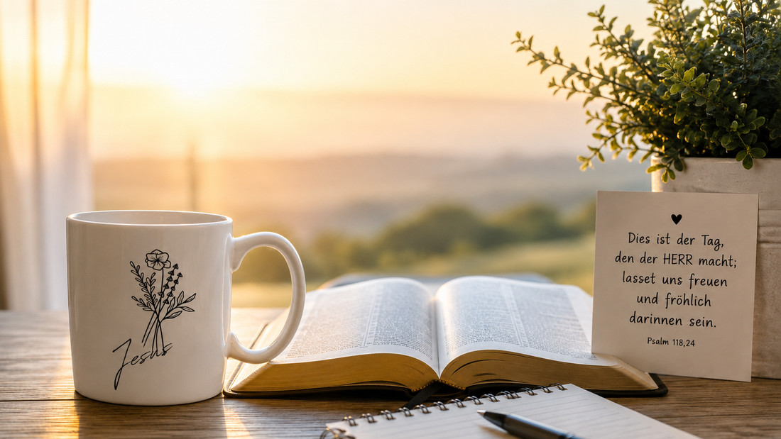 Morgenszene mit Jesus-Tasse, offener Bibel und Bibelvers-Karte als Symbol für einen guten Start in den Tag mit Gott.