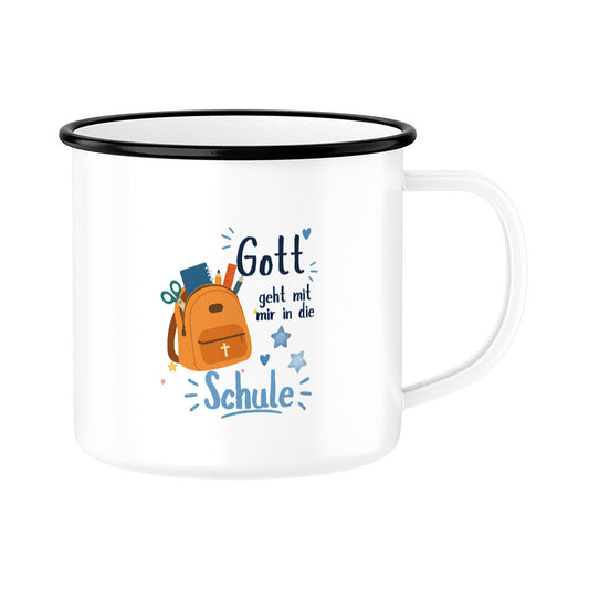 Gott geht mit mir in die Schule:
Weiße Kindertasse mit christlichem Schulstart-Design „Gott geht mit mir in die Schule“, orangefarbenem Schulranzen, Kreuz, Herzen und Sternen.