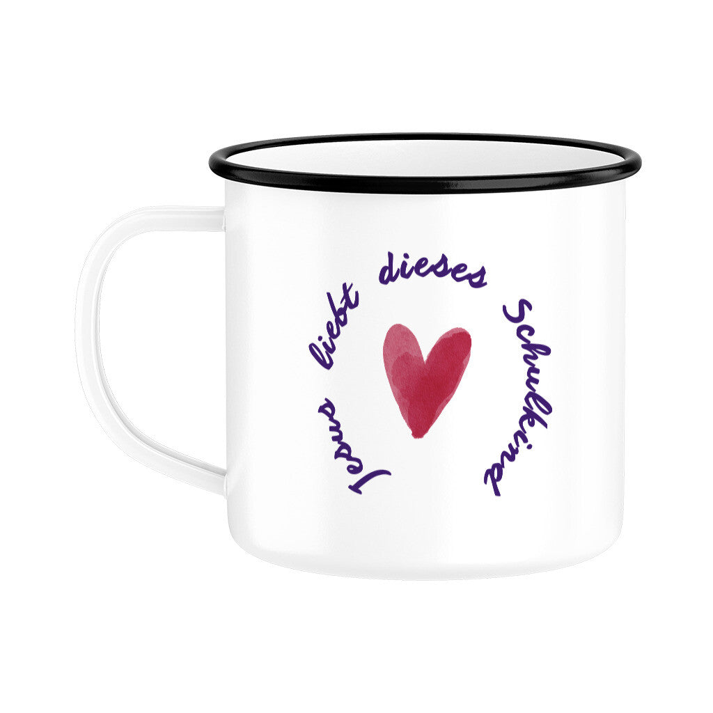Jesus liebt dieses Schulkind:
Weiße Kindertasse zur Einschulung mit dem Spruch „Jesus liebt dieses Schulkind“, lila Schriftkreis und rotem Herz in der Mitte.