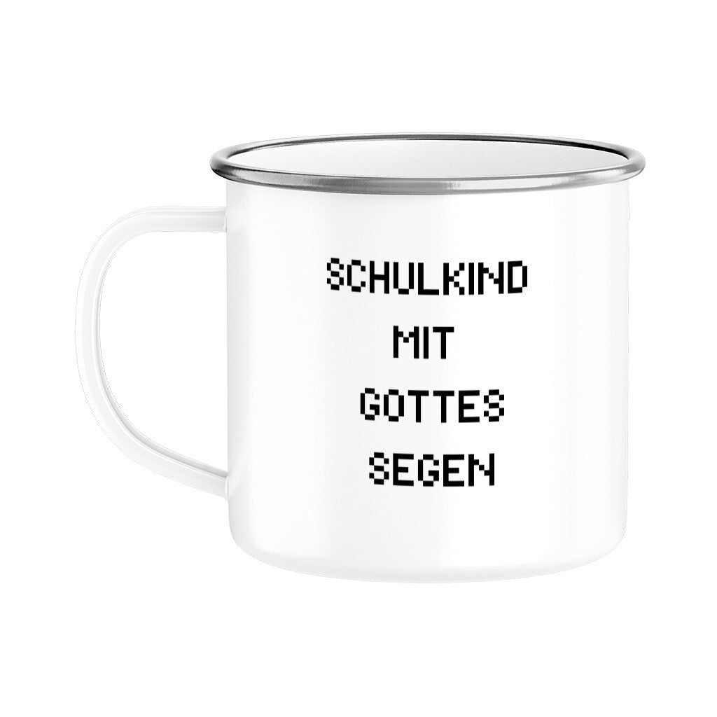 Schulkind mit Gottes Segen:
Weiße Kindertasse mit christlichem Einschulungsdesign „Schulkind mit Gottes Segen“ in schwarzer Pixel-Schrift auf weißem Hintergrund.