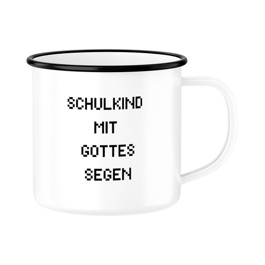 Schulkind mit Gottes Segen:
Weiße Kindertasse mit christlichem Einschulungsdesign „Schulkind mit Gottes Segen“ in schwarzer Pixel-Schrift auf weißem Hintergrund.