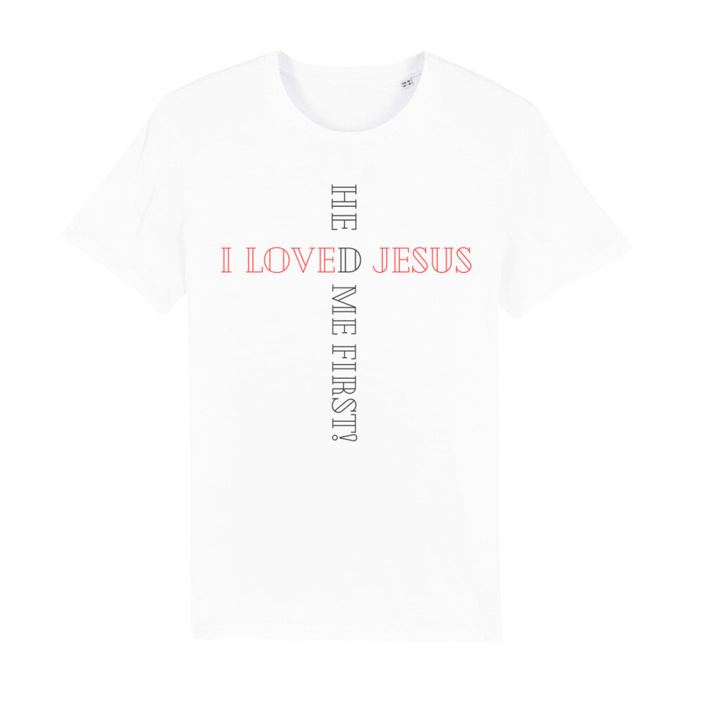 christliches T-Shirt für Männer in weiß aus 100 % Bio-Baumwolle "I love Jesus he loved me first!" aus unserer he... Kollektion