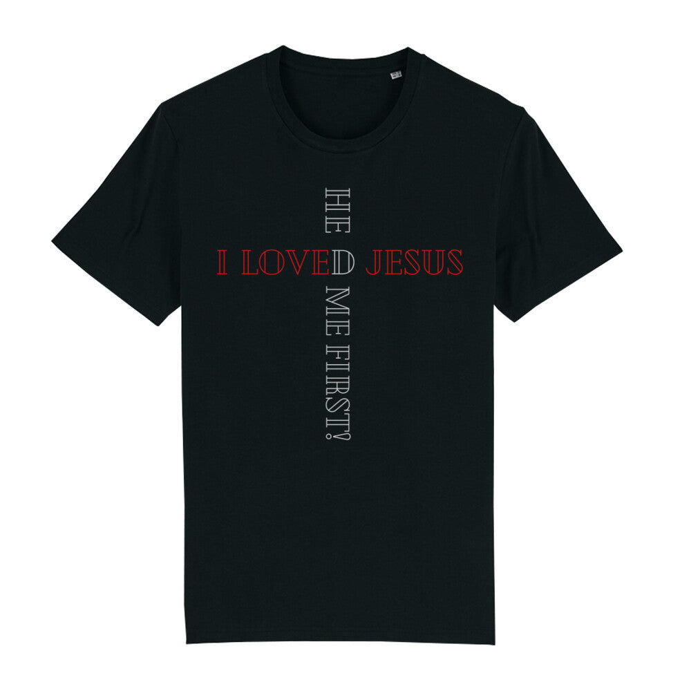 christliches T-Shirt für Männer in schwarz aus 100 % Bio-Baumwolle "I love Jesus he loved me first!" aus unserer he... Kollektion