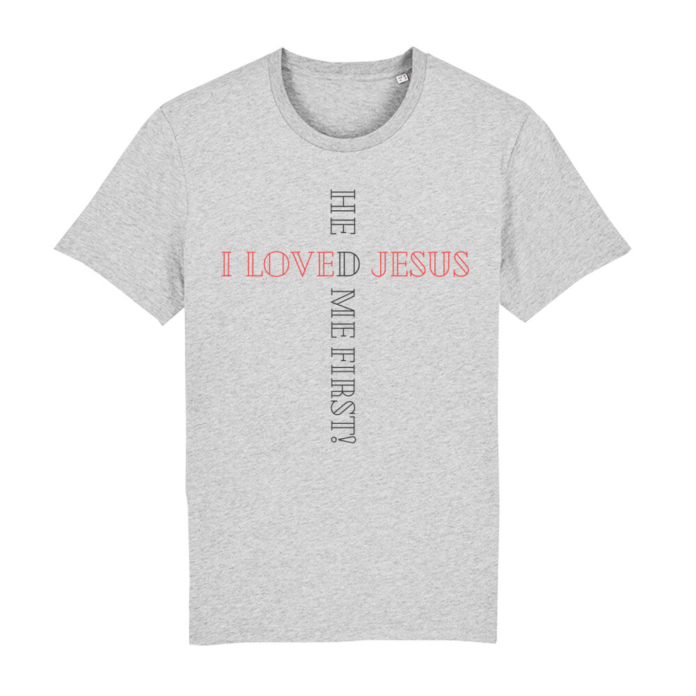 christliches T-Shirt für Männer in grau aus 100 % Bio-Baumwolle "I love Jesus he loved me first!" aus unserer he... Kollektion