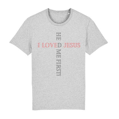 christliches T-Shirt für Männer in grau aus 100 % Bio-Baumwolle "I love Jesus he loved me first!" aus unserer he... Kollektion