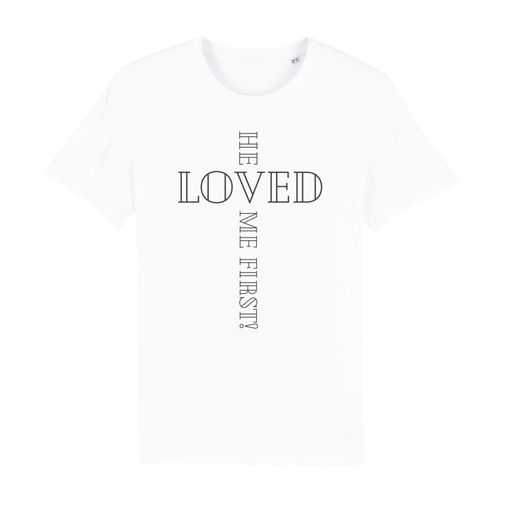 christliches T-Shirt für Männer in weiß aus 100 % Bio-Baumwolle "he loved me first!" aus unserer he... Kollektion