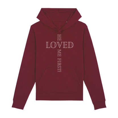 christlicher Hoodie für Frauen und Männer in dunkelrot aus Bio-Baumwolle " he loved me first! " aus unserer he... Kollektion