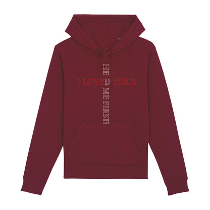 christlicher Hoodie für Frauen und Männer in dunkelrot aus Bio-Baumwolle " I love Jesus he loved me first! " aus unserer he... Kollektion