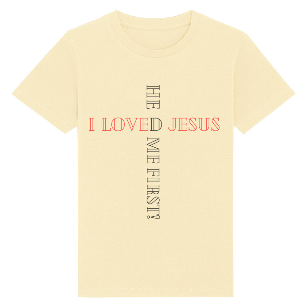 christliches T-Shirt für Kids in hellgelb aus 100 % Bio-Baumwolle " I love Jesus he loved me first! " aus unserer he... Kollektion