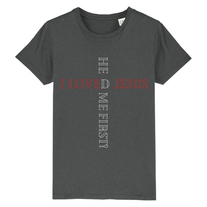 christliches T-Shirt für Kids in anthrazit aus 100 % Bio-Baumwolle " I love Jesus he loved me first! " aus unserer he... Kollektion