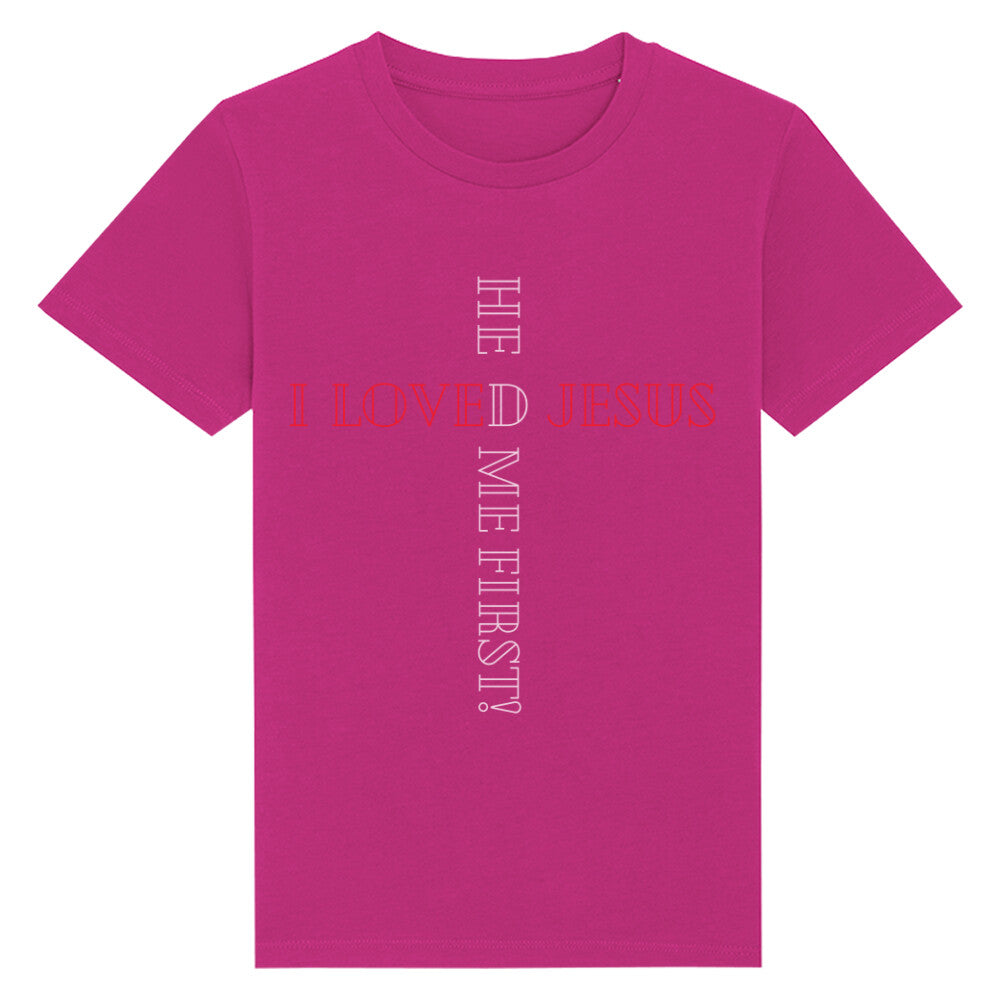 christliches T-Shirt für Kids in lila aus 100 % Bio-Baumwolle " I love Jesus he loved me first! " aus unserer he... Kollektion