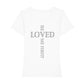 christliches T-Shirt für Frauen in weiß aus 100 % Bio-Baumwolle "he is loved me first!" aus unserer he... Kollektion
