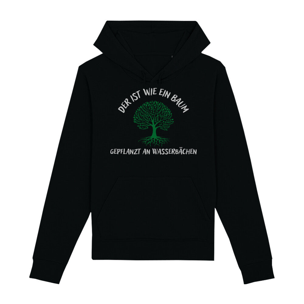 christlicher Hoodie für Frauen und Männer in schwarz aus Bio-Baumwolle "Der ist wie ein Baum gepflanzt an Wasserbächen" nach Psalm 1,3 mit grünem Baum