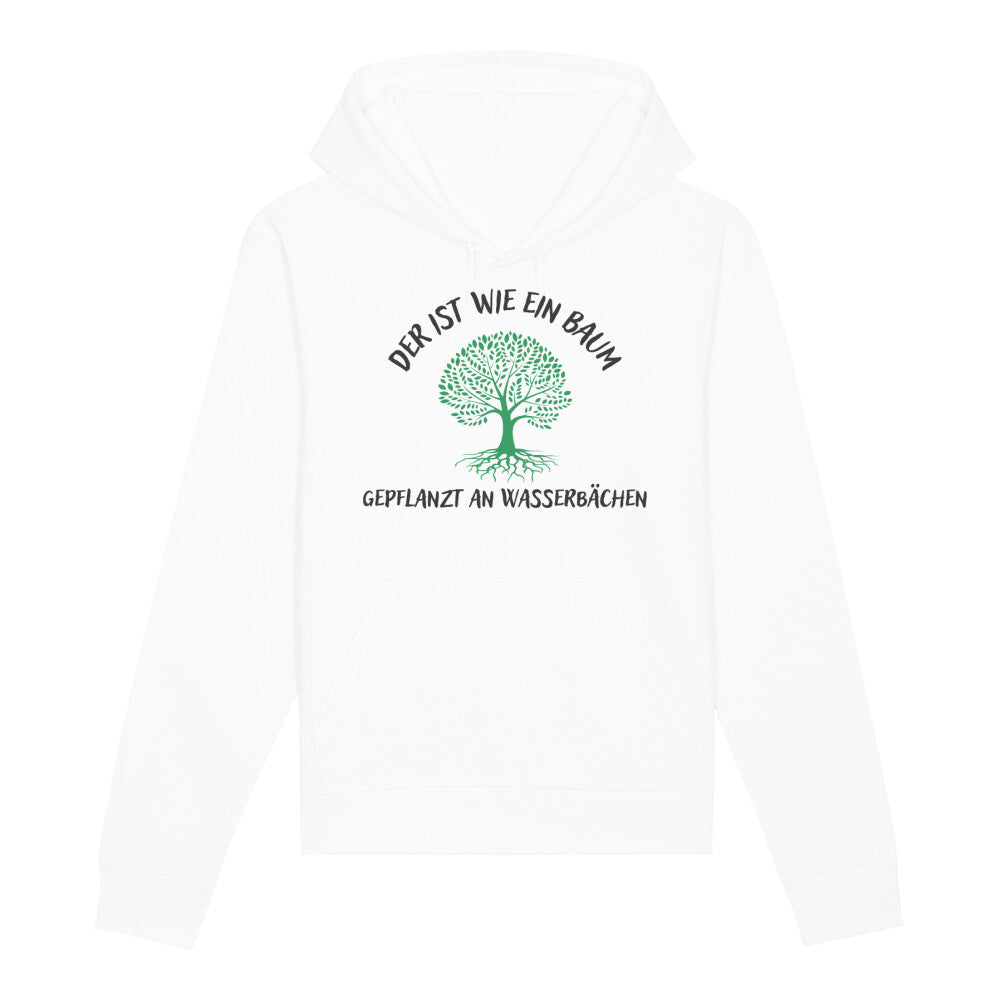 christlicher Hoodie für Frauen und Männer in weiß aus Bio-Baumwolle "Der ist wie ein Baum gepflanzt an Wasserbächen" nach Psalm 1,3 mit grünem Baum