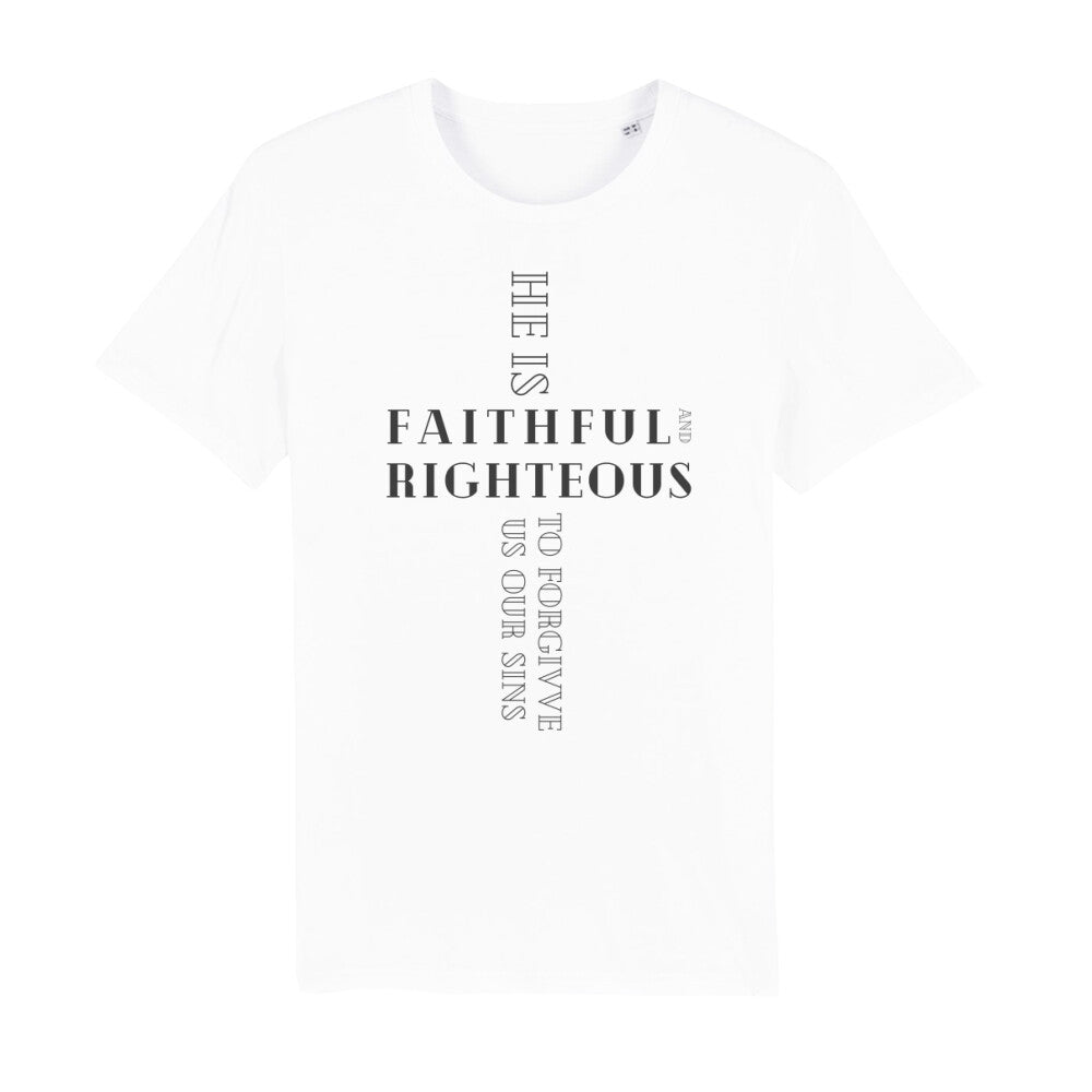 christliches T-Shirt für Männer in weiß aus 100 % Bio-Baumwolle "he is faithful and righteous to forgive us our sins" aus unserer he... Kollektion