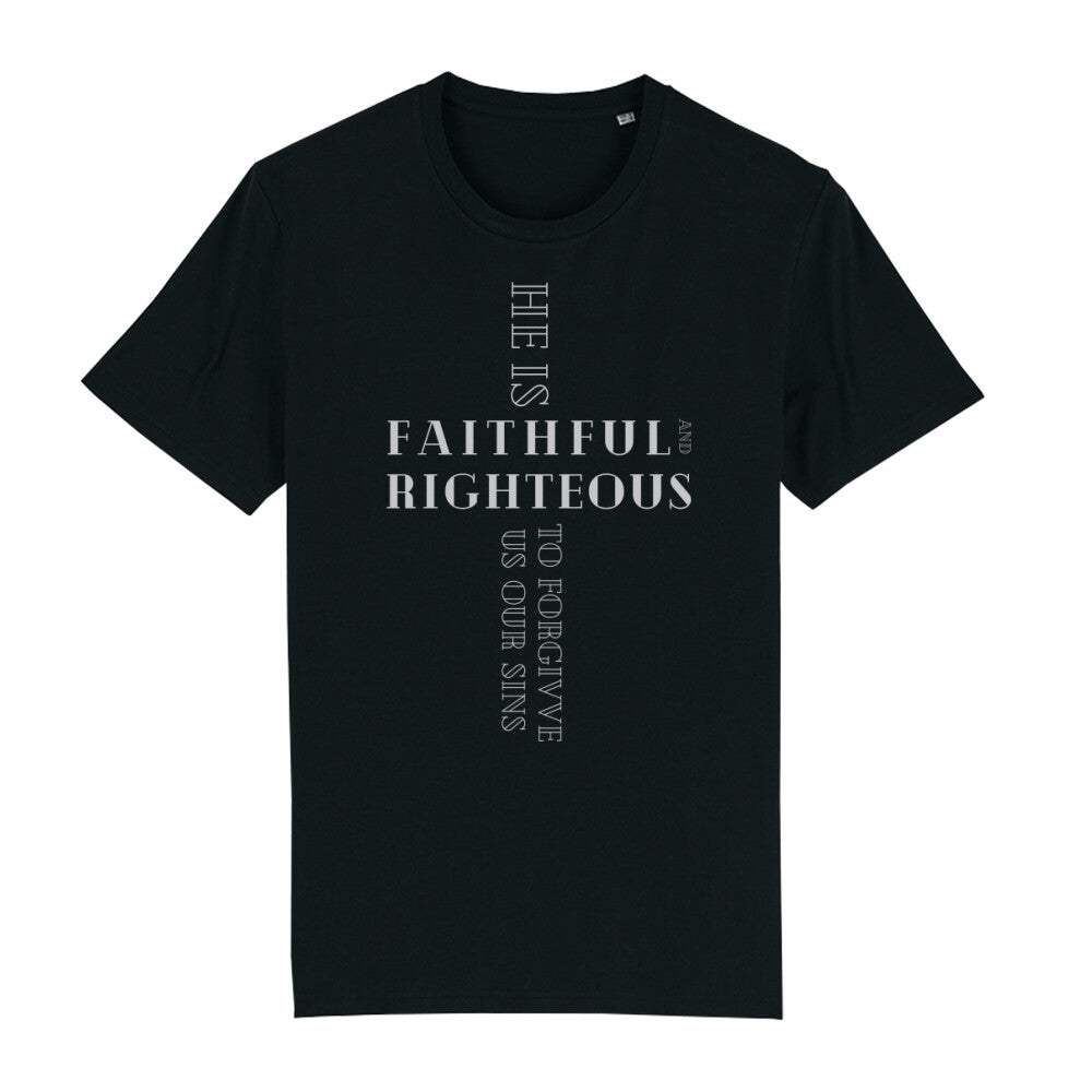 christliches T-Shirt für Männer in schwarz aus 100 % Bio-Baumwolle "he is faithful and righteous to forgive us our sins" aus unserer he... Kollektion