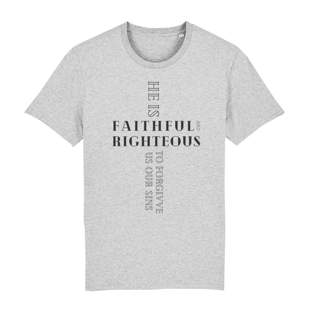 christliches T-Shirt für Männer in grau aus 100 % Bio-Baumwolle "he is faithful and righteous to forgive us our sins" aus unserer he... Kollektion