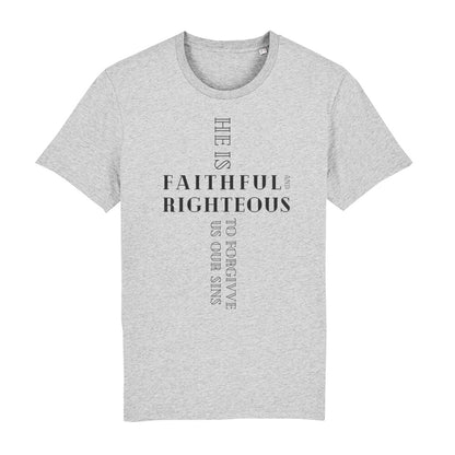 christliches T-Shirt für Männer in grau aus 100 % Bio-Baumwolle "he is faithful and righteous to forgive us our sins" aus unserer he... Kollektion