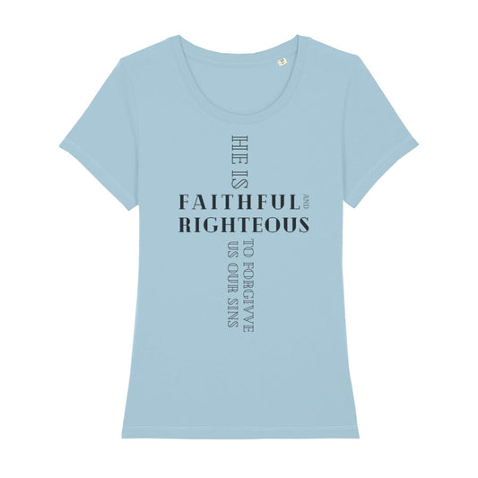 christliches T-Shirt für Frauen in hellblau aus 100 % Bio-Baumwolle "he is faithful and righteous to forgive us our sins" aus unserer he... Kollektion