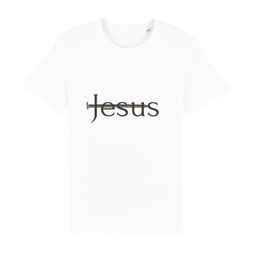 christliches T-Shirt für Männer in weiß aus 100 % Bio-Baumwolle "Jesus" mit durchbohrendem Nagel