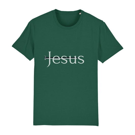 christliches T-Shirt für Männer in grün aus 100 % Bio-Baumwolle "Jesus" mit durchbohrendem Nagel