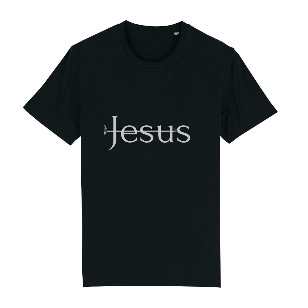 christliches T-Shirt für Männer in schwarz aus 100 % Bio-Baumwolle "Jesus" mit durchbohrendem Nagel