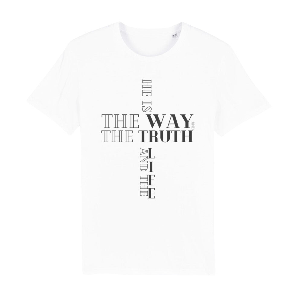 christliches T-Shirt für Männer in weiß aus 100 % Bio-Baumwolle "he is the way and the truth and the Life" aus unserer he... Kollektion