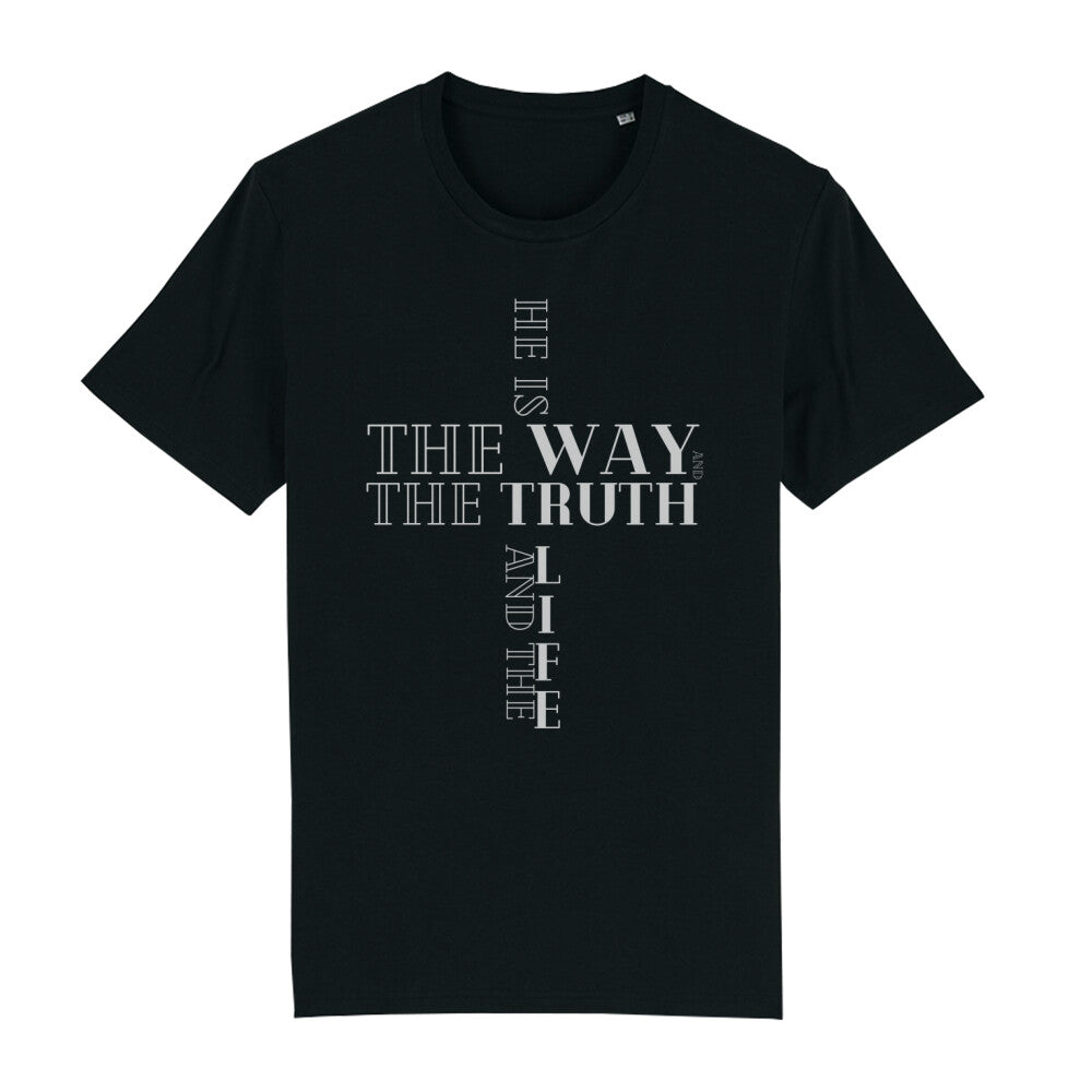 christliches T-Shirt für Männer in schwarz aus 100 % Bio-Baumwolle "he is the way and the truth and the Life" aus unserer he... Kollektion