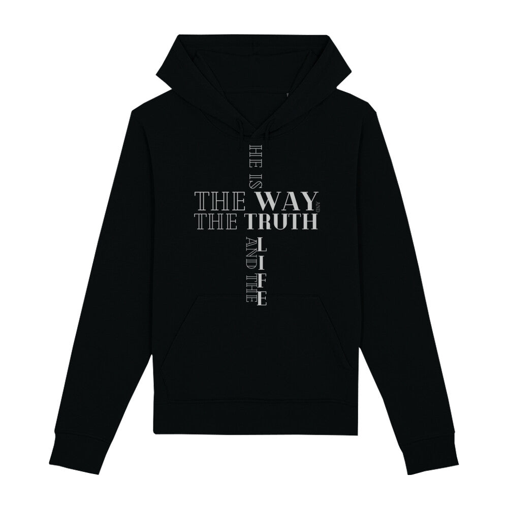 christlicher Hoodie für Frauen und Männer in schwarz aus Bio-Baumwolle " he is the way and the truth and the life " aus unserer he... Kollektion