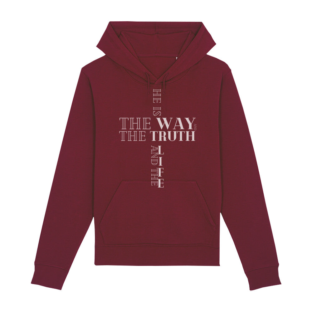 christlicher Hoodie für Frauen und Männer in dunkelrot aus Bio-Baumwolle " he is the way and the truth and the life " aus unserer he... Kollektion